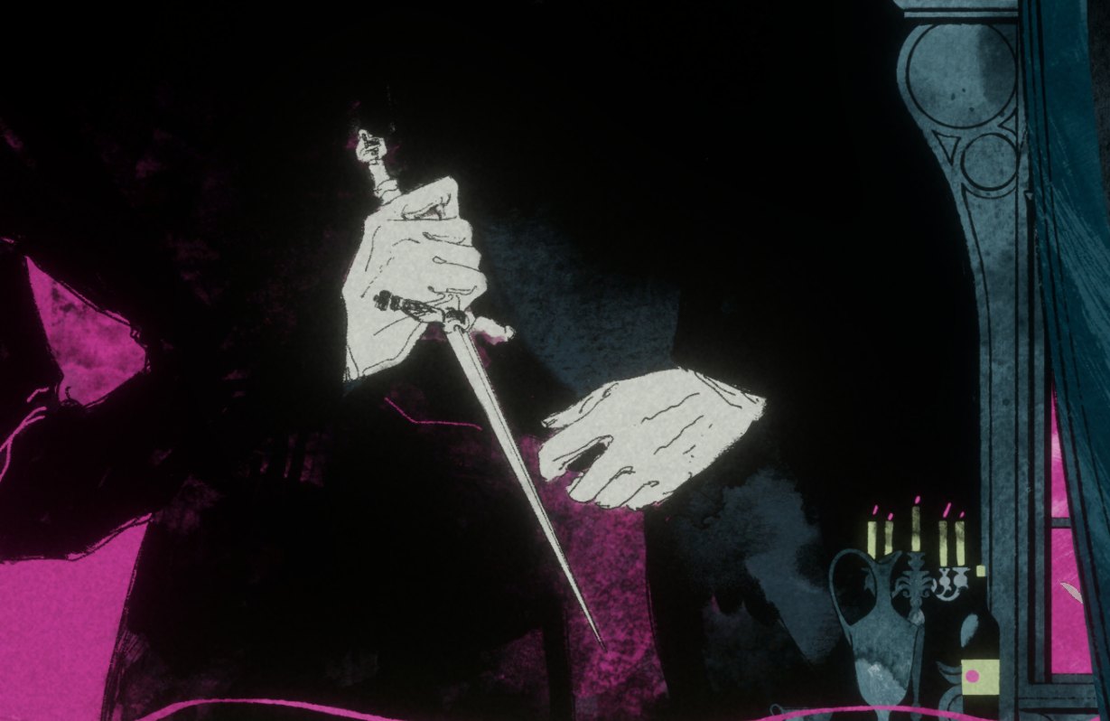 Vice Signalling: a gloved hand of the Inquisitor draws a dagger in the dark
