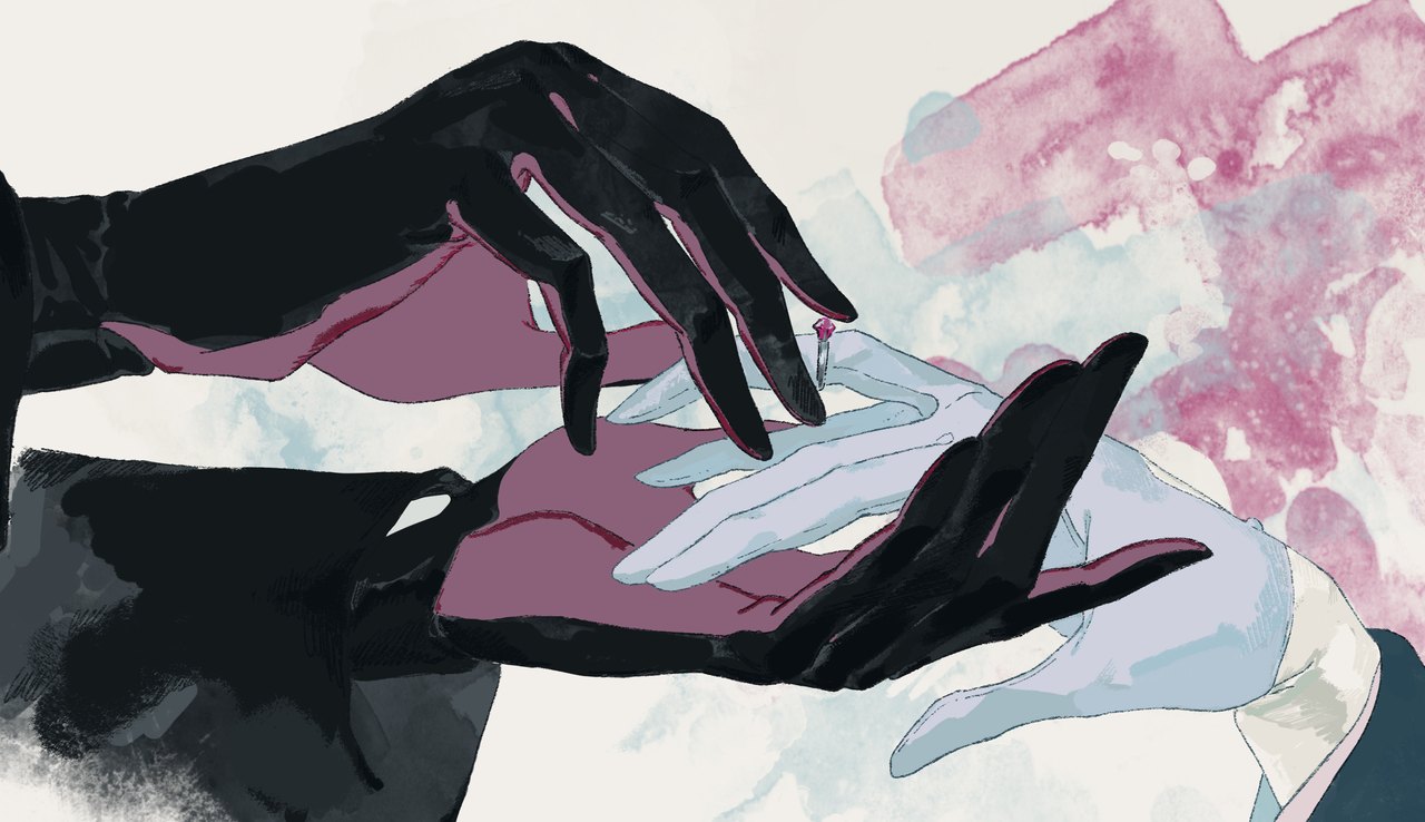 Harm Deco, in development: a gloved hand and a bare hand reach for each other through pink ink